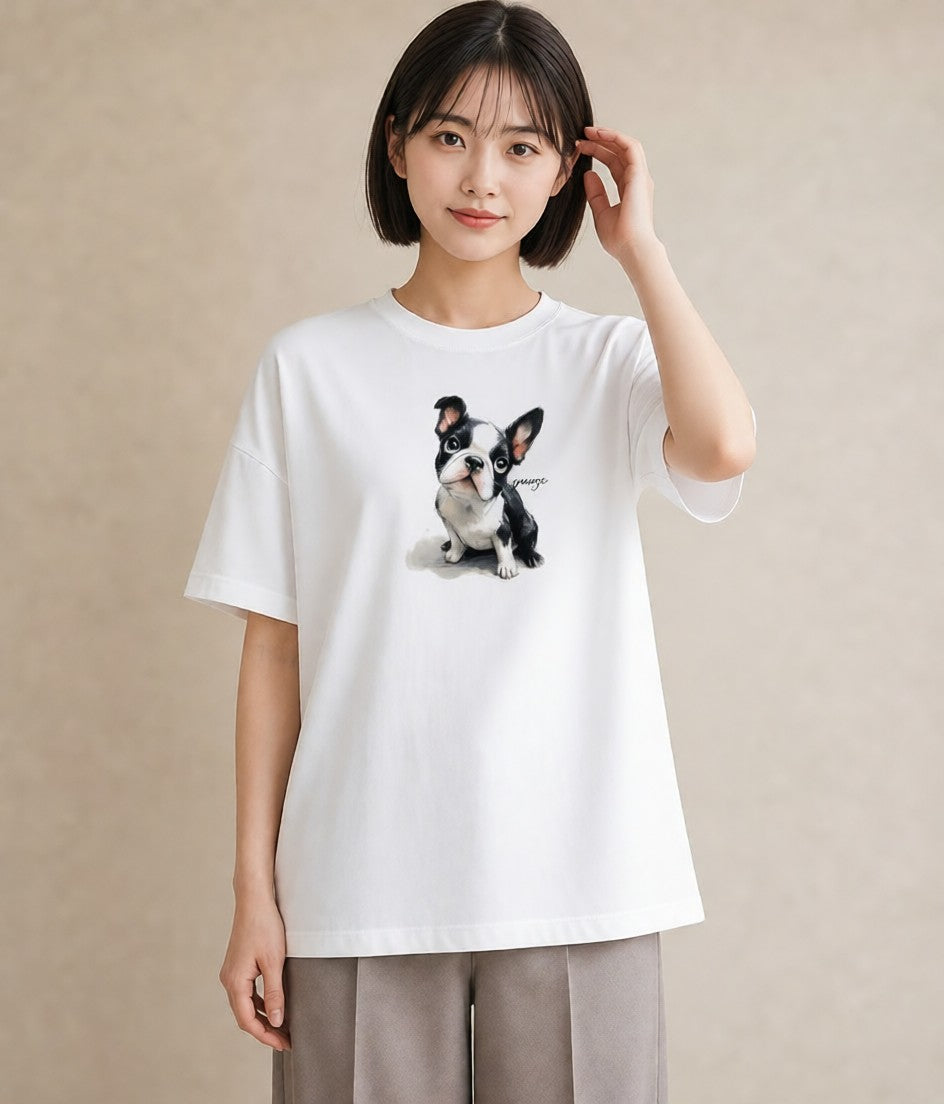Tシャツ レディース ボストンテリア 犬 いぬ イラスト お洒落 ペアコーデ 秋コーデ 白T YMAZO