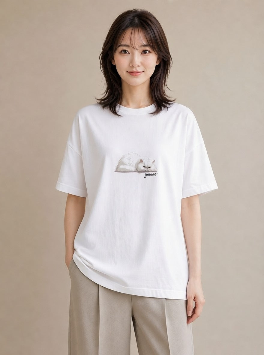 デザインTシャツ レディース ブリティッシュショートヘア 猫 ねこ イラスト 淡色 綿100 デート 白T YMAZO