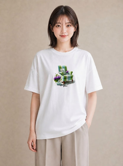 デザインTシャツ レディース 窓辺の椅子 窓辺 椅子 ナチュラル アンティーク イラスト 北欧風 散歩 お出かけ 白T YMAZO