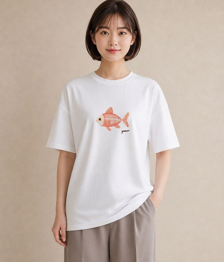 デザインTシャツ レディース メダカ ペット 動物 イラスト ニュアンス デイリーウェア 休日 白T YMAZO