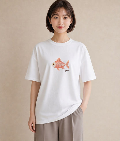 デザインTシャツ レディース メダカ ペット 動物 イラスト ニュアンス デイリーウェア 休日 白T YMAZO