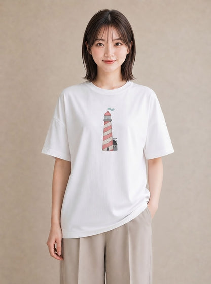 半袖Tシャツ レディース 灯台 霧 海 ナチュラル アンティーク イラスト 上品 デート 帰省 白T YMAZO
