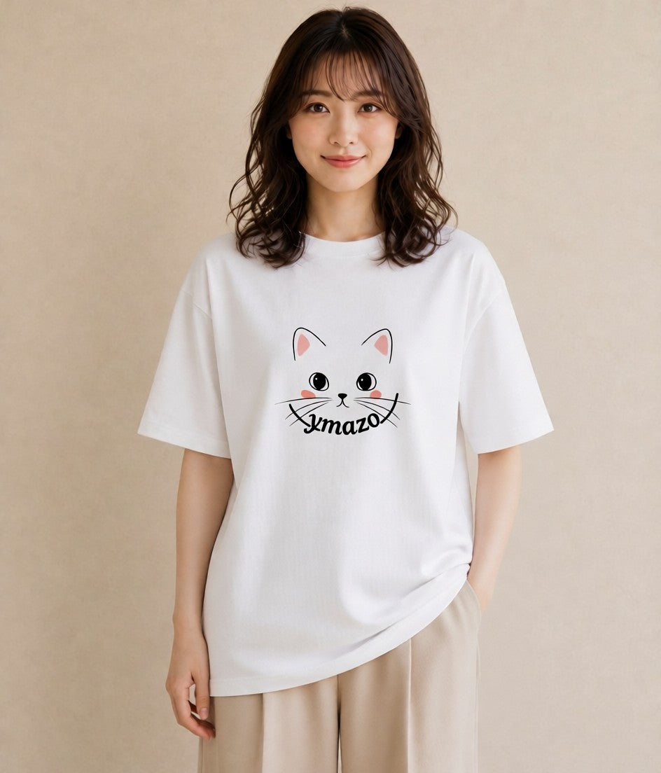 デザインTシャツ レディース 猫 ねこ ネコ イラスト ポップ 綿100 デート 白T YMAZO