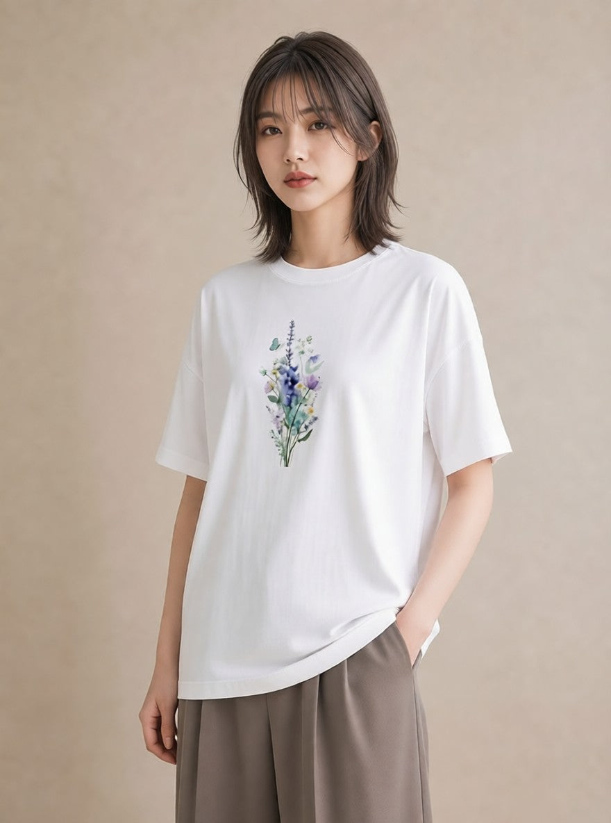 プリントTシャツ レディース ポスト 野の花 レトロ ナチュラル アンティーク イラスト ユニーク 女性向けギフト 散歩 白T YMAZO