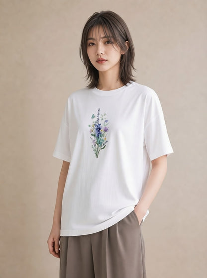 プリントTシャツ レディース ポスト 野の花 レトロ ナチュラル アンティーク イラスト ユニーク 女性向けギフト 散歩 白T YMAZO