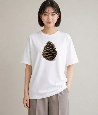 半袖Tシャツ レディース 松ぼっくり 植物 ボタニカル イラスト フェミニン ママ カフェ服 白T YMAZO