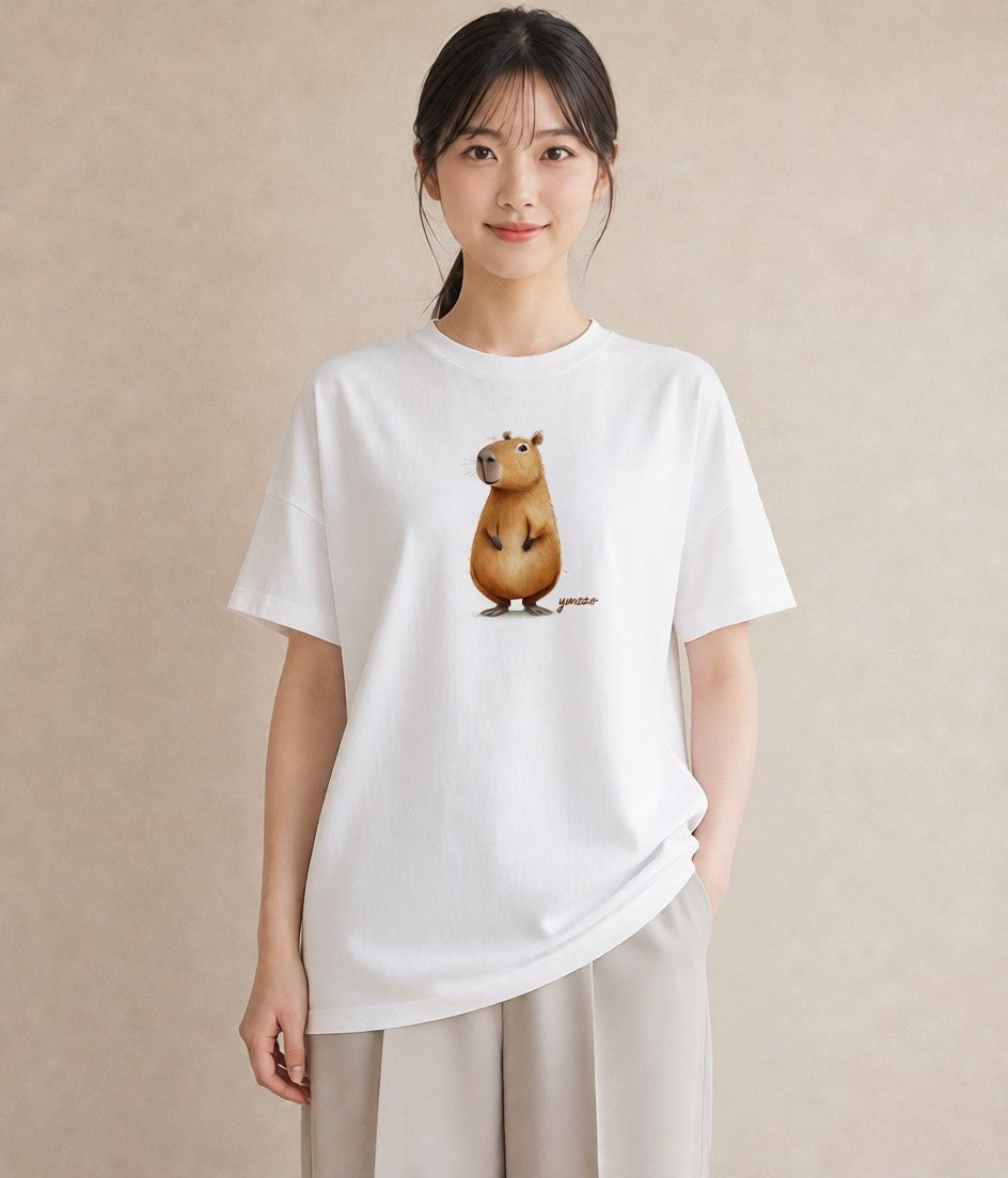 Tシャツ レディース カピバラ かぴばら 動物 アニマル イラスト 休日 ペアコーデ 白T YMAZO