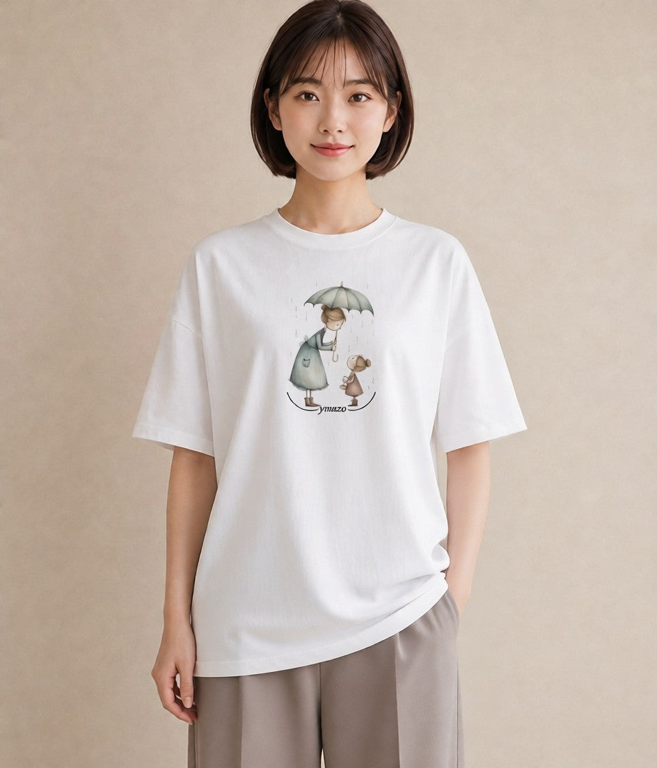 プリントTシャツ レディース 傘 水たまり 雨 ナチュラル アンティーク イラスト カフェコーデ ルームウェア ギフト 白T YMAZO