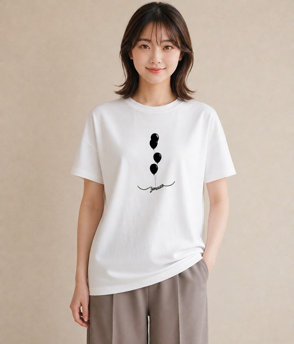 プリントTシャツ レディース 紙風船 和紙 ナチュラル アンティーク イラスト 水彩風 ペアコーデ 秋コーデ 白T YMAZO