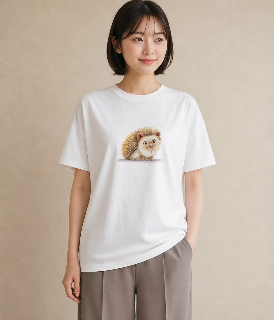 プリントTシャツ レディース ハリネズミ ペット 動物 イラスト ボタニカル ホワイトデー 春服 白T YMAZO