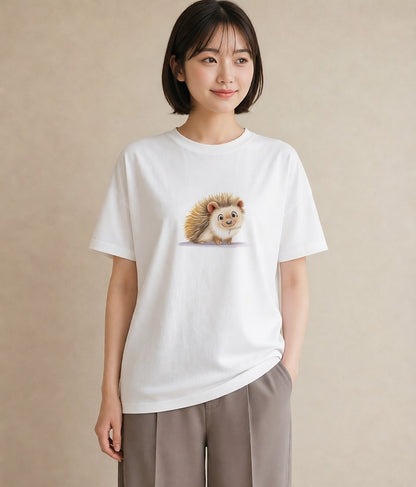 プリントTシャツ レディース ハリネズミ ペット 動物 イラスト ボタニカル ホワイトデー 春服 白T YMAZO
