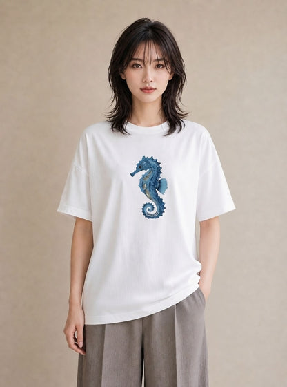 プリントTシャツ レディース タツノオトシゴ 海の生き物 海 イラスト こなれ感 社会人 女性 白T YMAZO