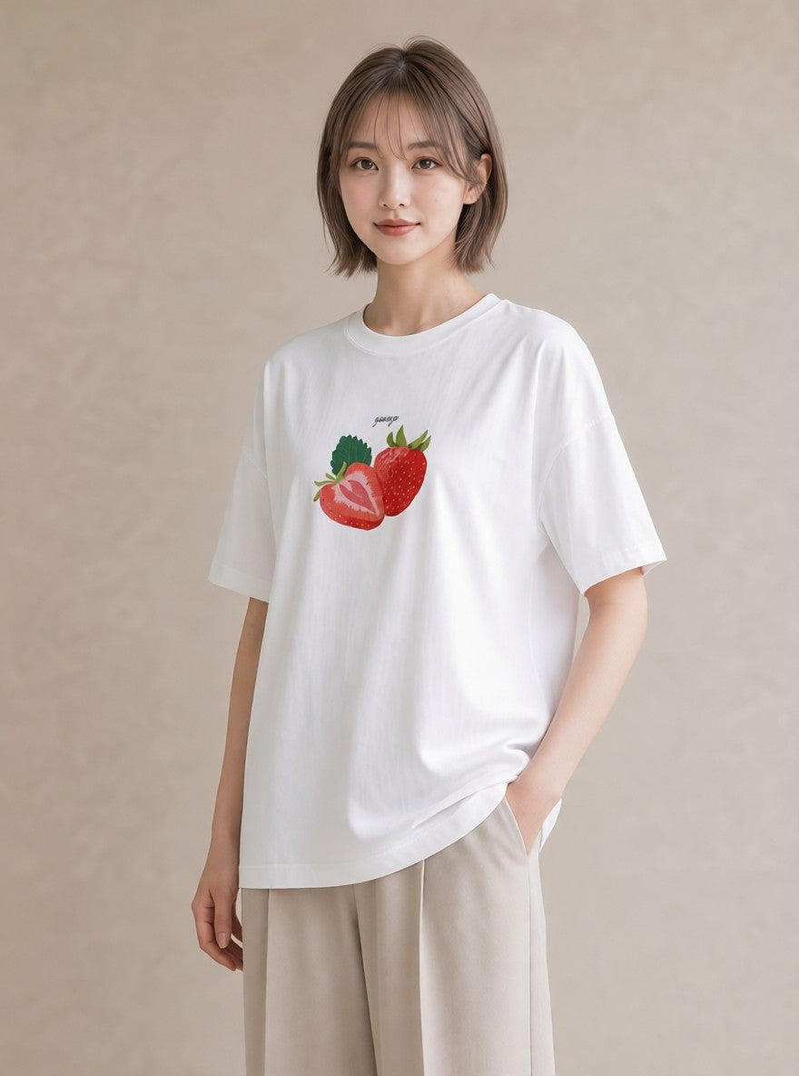 半袖Tシャツ レディース ショートケーキ 食べ物 フード イラスト ラフ レイヤード 友達ギフト 白T YMAZO