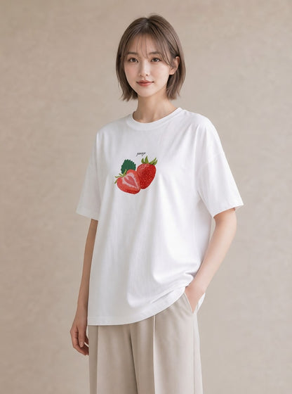 半袖Tシャツ レディース ショートケーキ 食べ物 フード イラスト ラフ レイヤード 友達ギフト 白T YMAZO