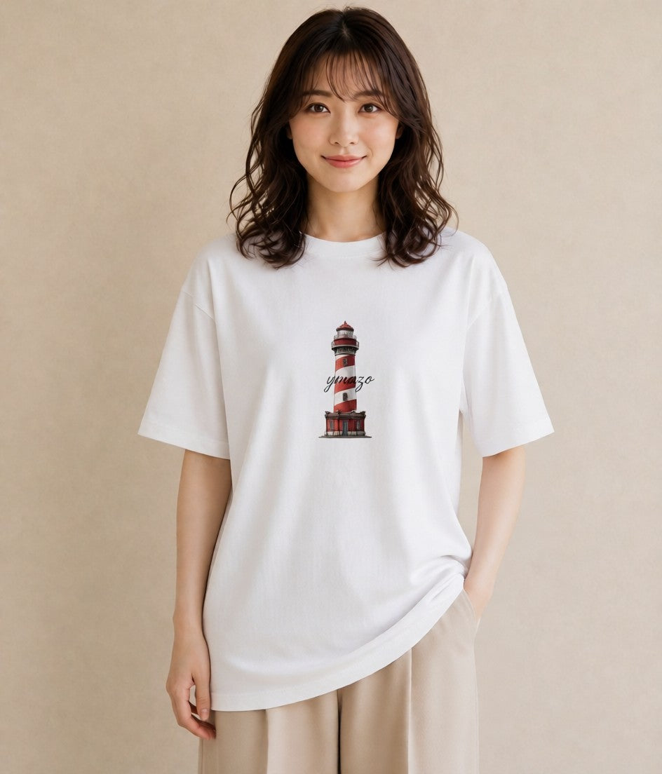 デザインTシャツ レディース 灯台 霧 海 ナチュラル アンティーク イラスト 休日コーデ 綿100 デート 白T YMAZO