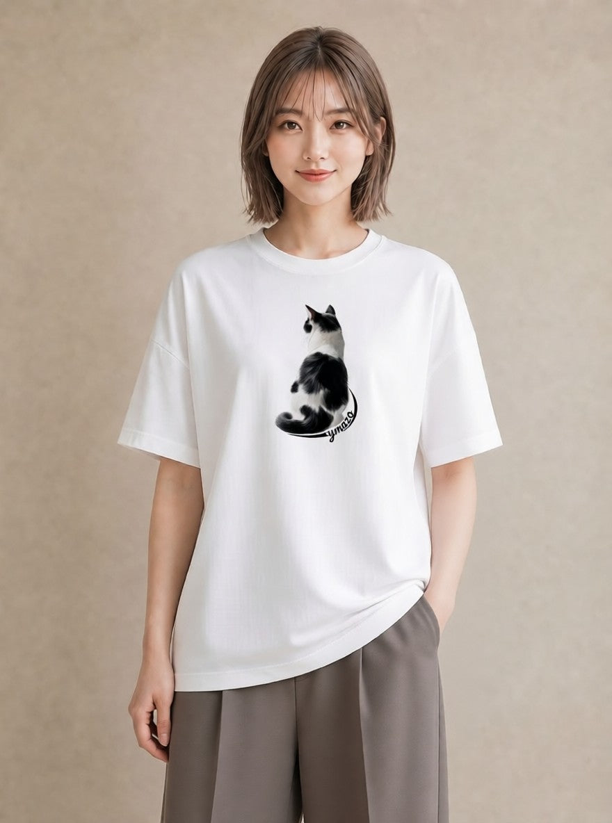 プリントTシャツ レディース メインクーン 猫 ねこ イラスト ラフカジュアル 自分用 ルームウェア 白T YMAZO