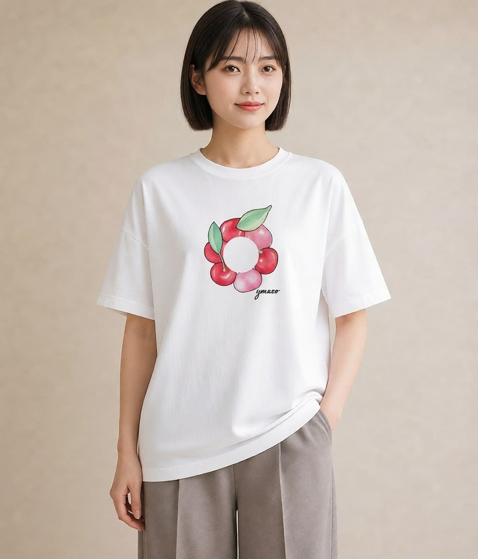 グラフィックTシャツ レディース さくらんぼ チェリー 食べ物 フード イラスト 抜け感 公園 ママ 白T YMAZO