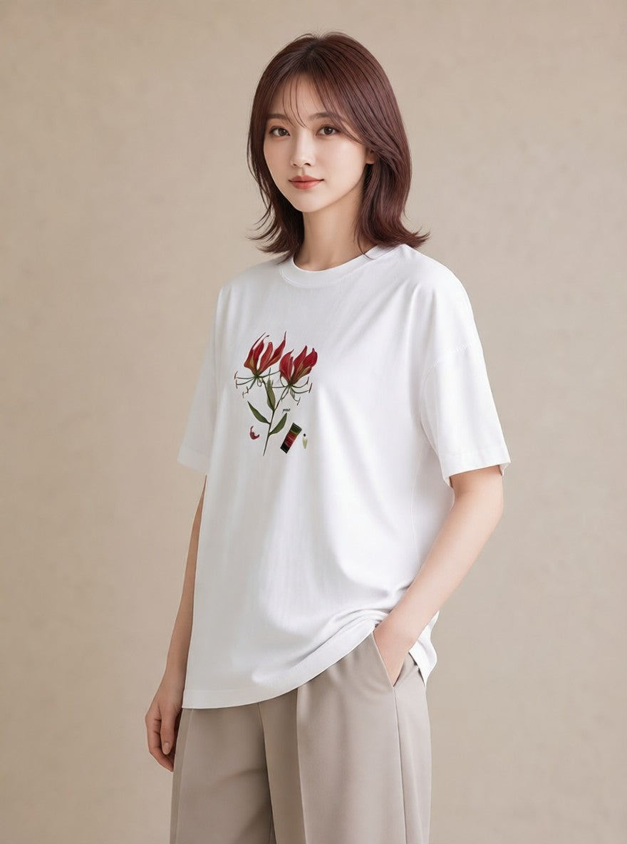 グラフィックTシャツ レディース 彼岸花 花 花柄 イラスト こなれ感 普段着 週末コーデ 白T YMAZO