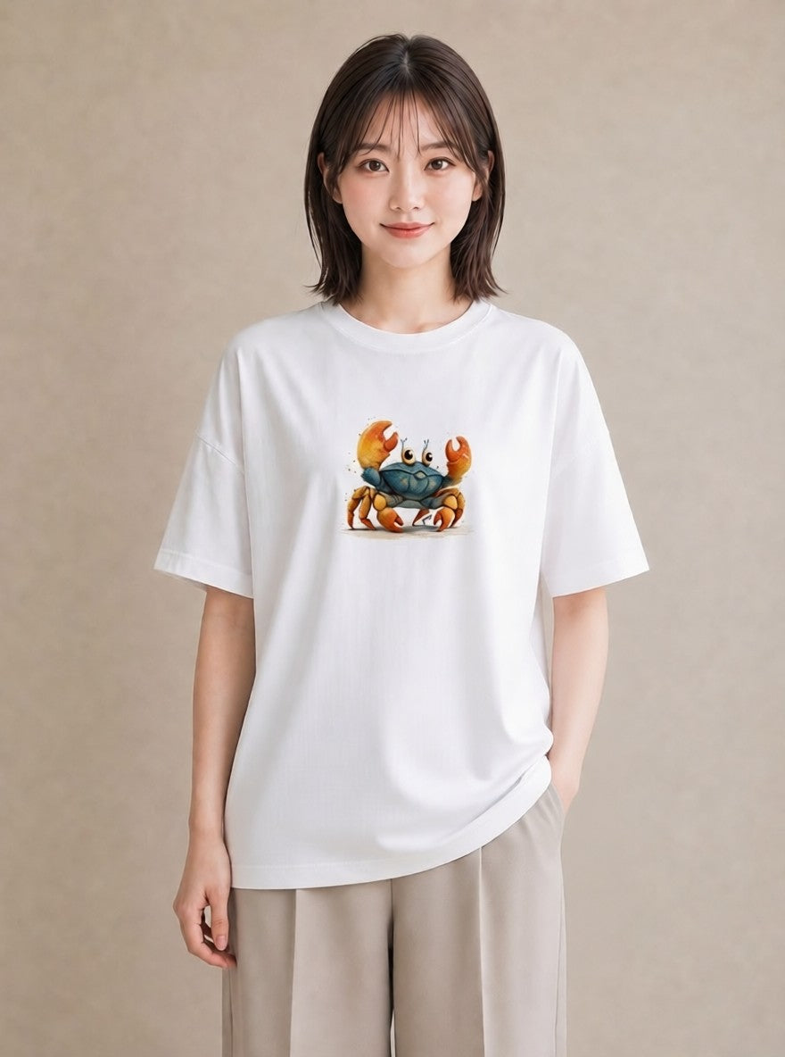 半袖Tシャツ レディース ヤドカリ 海の生き物 海 イラスト フェミニン ママ カフェ服 白T YMAZO