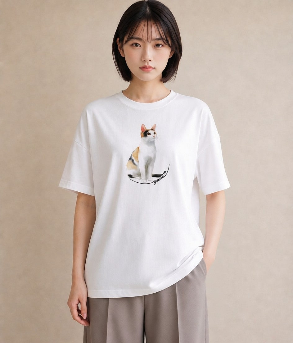 Tシャツ レディース 猫 ねこ イラスト ガーリー ペアコーデ 秋コーデ 白T YMAZO