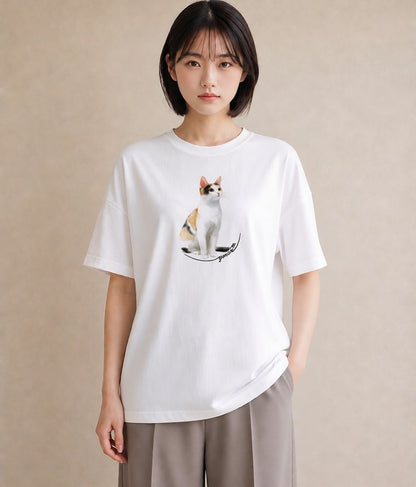 Tシャツ レディース 猫 ねこ イラスト ガーリー ペアコーデ 秋コーデ 白T YMAZO