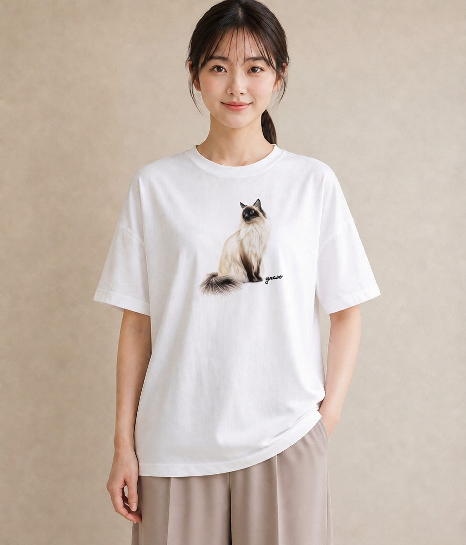 グラフィックTシャツ レディース エキゾチックショートヘア 猫 ねこ イラスト ニュアンス レイヤード 友達ギフト 白T YMAZO