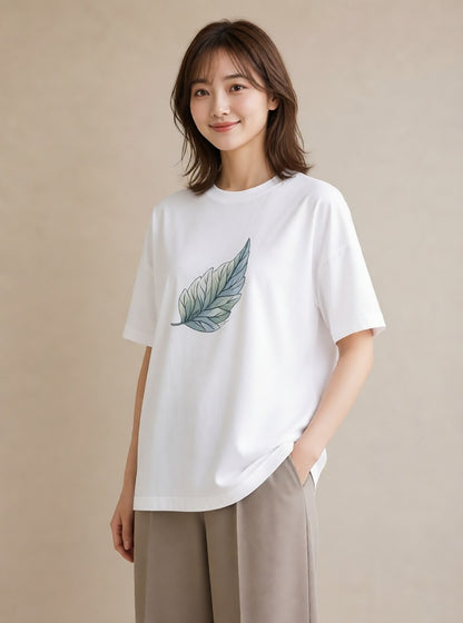 半袖Tシャツ レディース 葉っぱ 植物 ボタニカル イラスト ポップ カジュアルコーデ 買い物 白T YMAZO