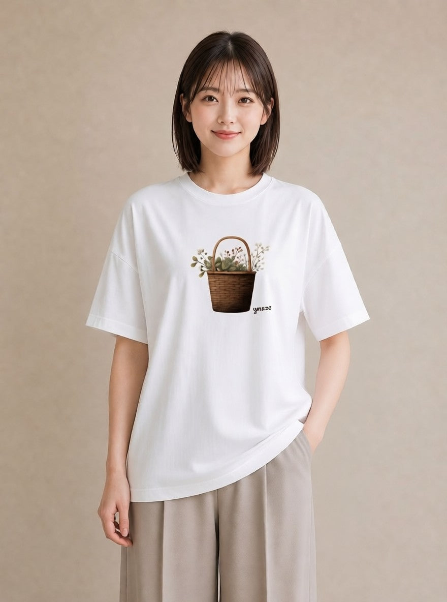 プリントTシャツ レディース 自転車のかご 自転車 花かご ナチュラル アンティーク イラスト 社会人 女性 白T YMAZO