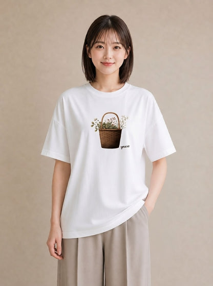 プリントTシャツ レディース 自転車のかご 自転車 花かご ナチュラル アンティーク イラスト 社会人 女性 白T YMAZO