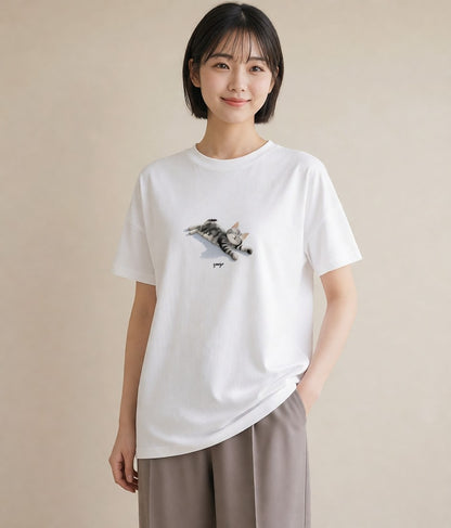 デザインTシャツ レディース 猫の手 猫 ねこ イラスト 水彩風 散歩 お出かけ 白T YMAZO