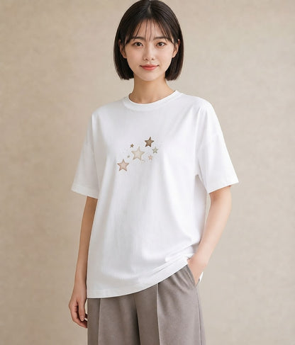 半袖Tシャツ レディース 流れ星 星空 宇宙 イラスト ポップ レイヤード 友達ギフト 白T YMAZO