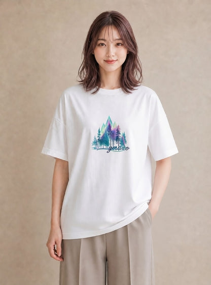 グラフィックTシャツ レディース オーロラ 星空 宇宙 イラスト 淡色 母娘コーデ 自分用 白T YMAZO