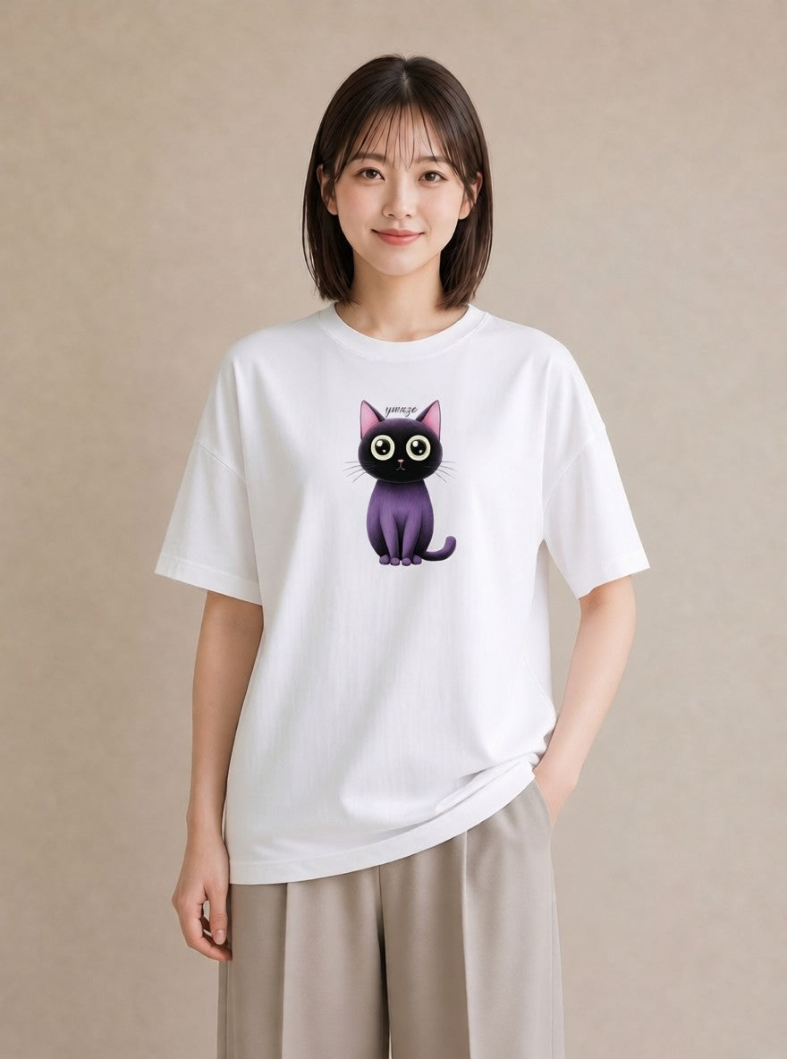 半袖Tシャツ レディース ニャンコ 猫 ねこ イラスト 淡色 夏コーデ 通学 白T YMAZO