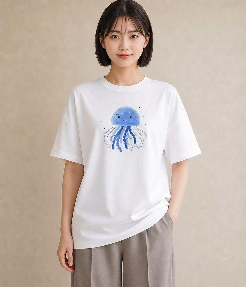 Tシャツ レディース くらげ クラゲ 海の生き物 海 イラスト 抜け感 デイリーウェア 休日 白T YMAZO