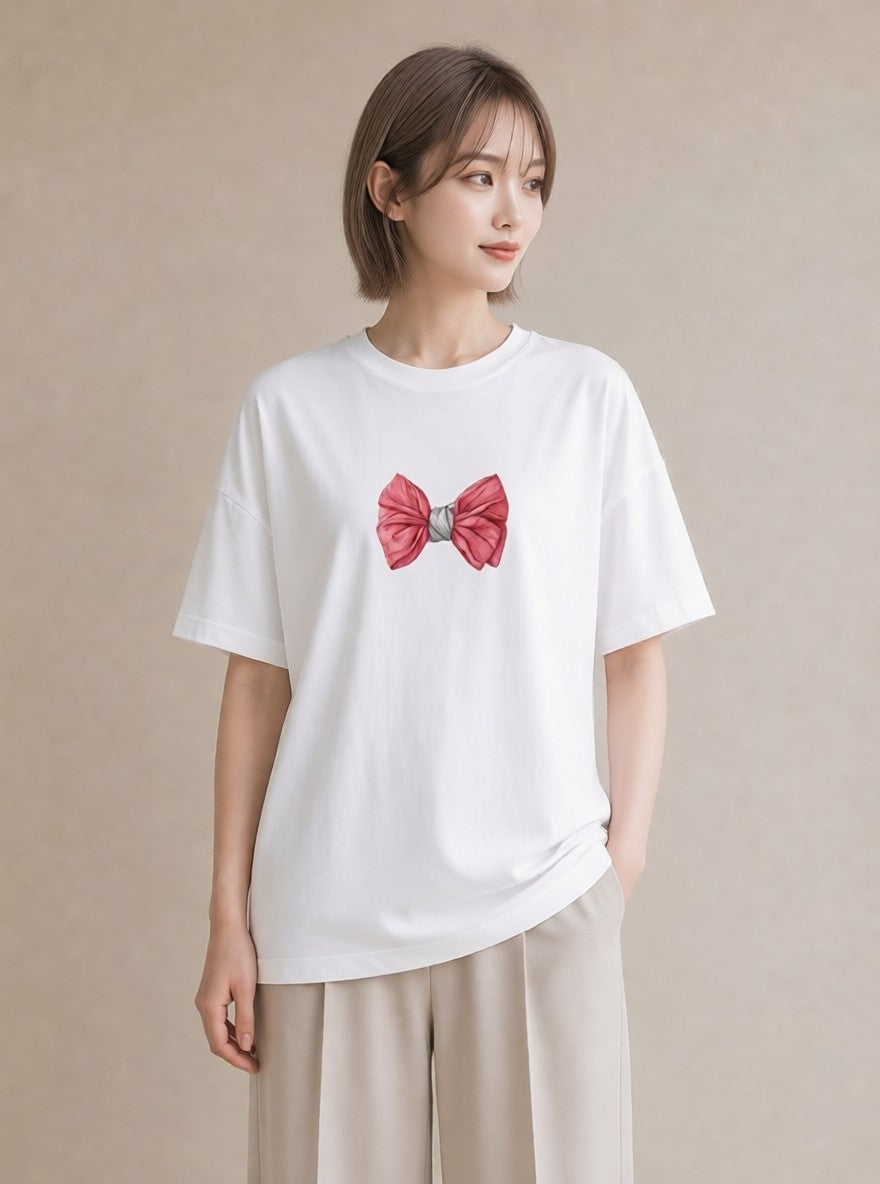 デザインTシャツ レディース リボン 蝶結び ナチュラル アンティーク イラスト 淡色 お揃い 親子 白T YMAZO
