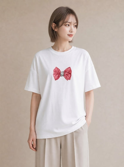 デザインTシャツ レディース リボン 蝶結び ナチュラル アンティーク イラスト 淡色 お揃い 親子 白T YMAZO