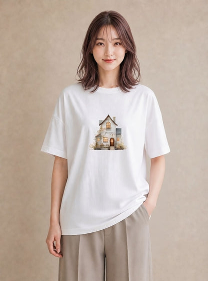 プリントTシャツ レディース 湖畔の小屋 湖 小屋 ナチュラル アンティーク イラスト 水彩風 ルームウェア ギフト 白T YMAZO