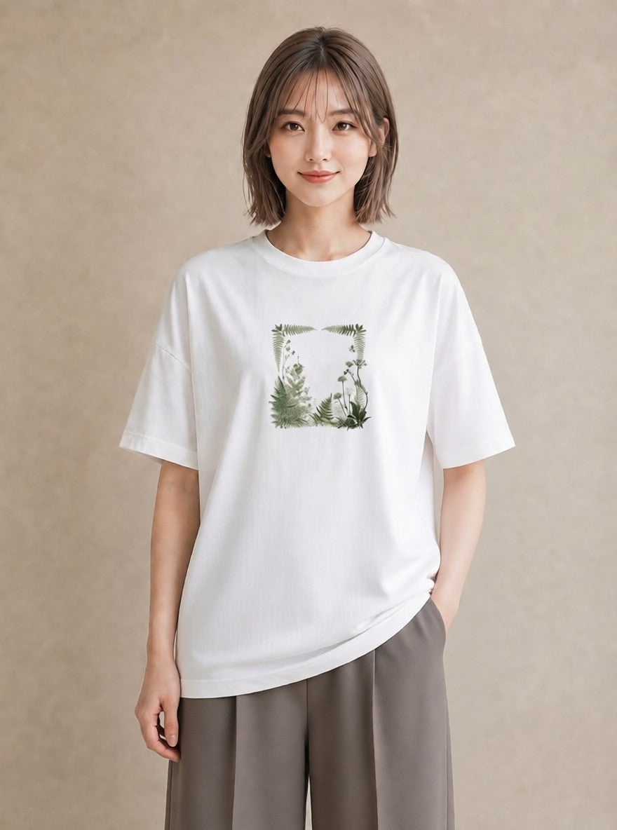 半袖Tシャツ レディース シダ 植物 ボタニカル イラスト ナチュラル 夏コーデ 通学 白T YMAZO