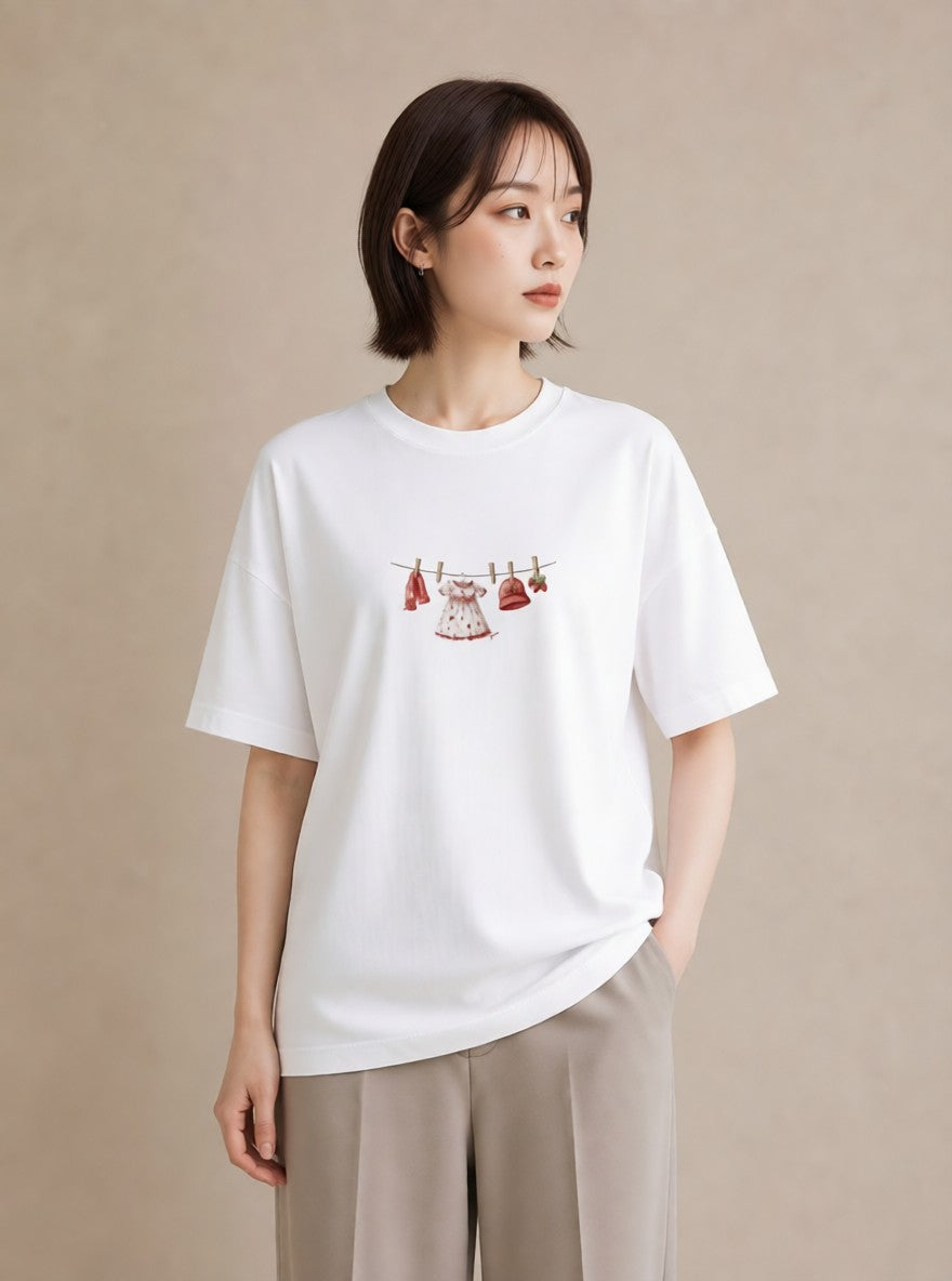 半袖Tシャツ レディース 洗濯物 風 ナチュラル アンティーク イラスト 抜け感 友達ギフト 部屋着 白T YMAZO