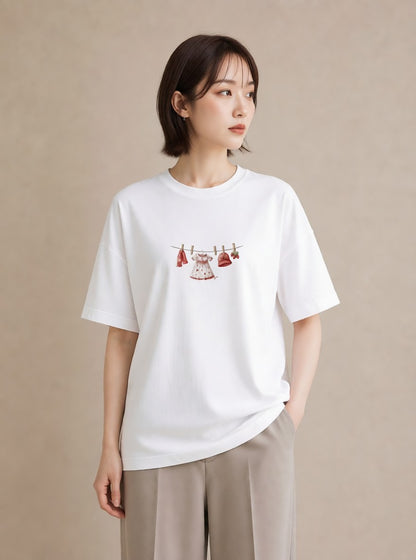 半袖Tシャツ レディース 洗濯物 風 ナチュラル アンティーク イラスト 抜け感 友達ギフト 部屋着 白T YMAZO