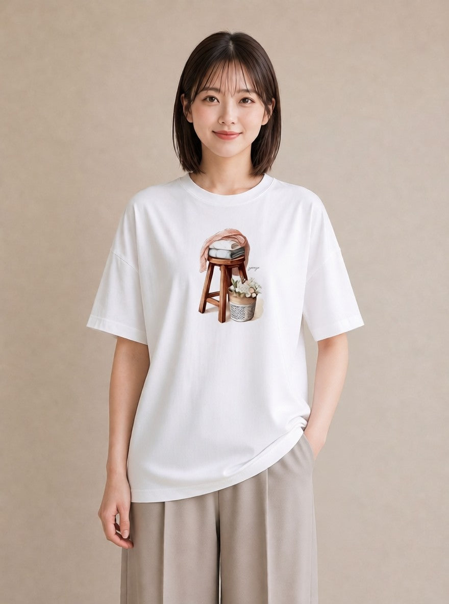 グラフィックTシャツ レディース 洗濯物 風 ナチュラル アンティーク イラスト ボタニカル ルームウェア ギフト 白T YMAZO