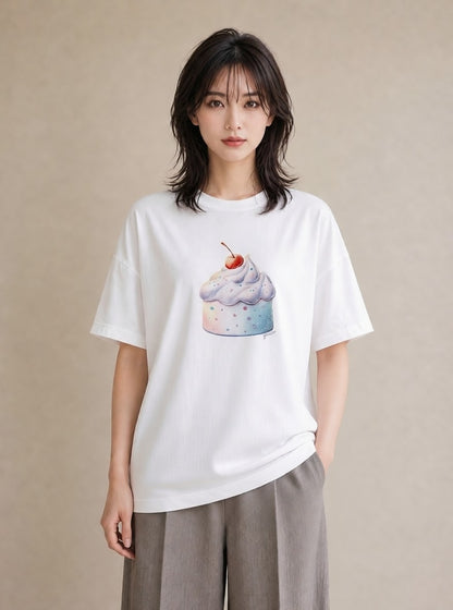 Tシャツ レディース プリン 食べ物 フード イラスト モード 公園 ママ 白T YMAZO