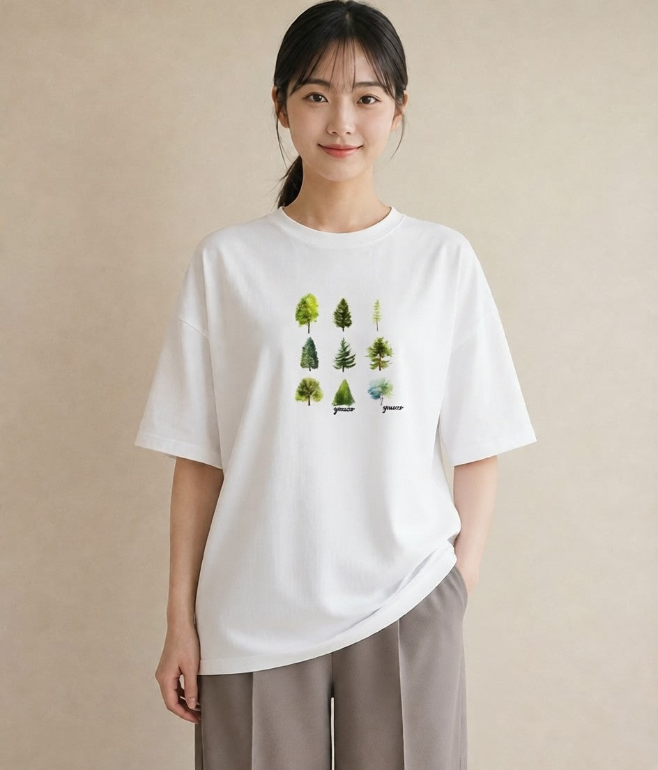 半袖Tシャツ レディース 木 植物 ボタニカル イラスト レトロ デイリーウェア 休日 白T YMAZO