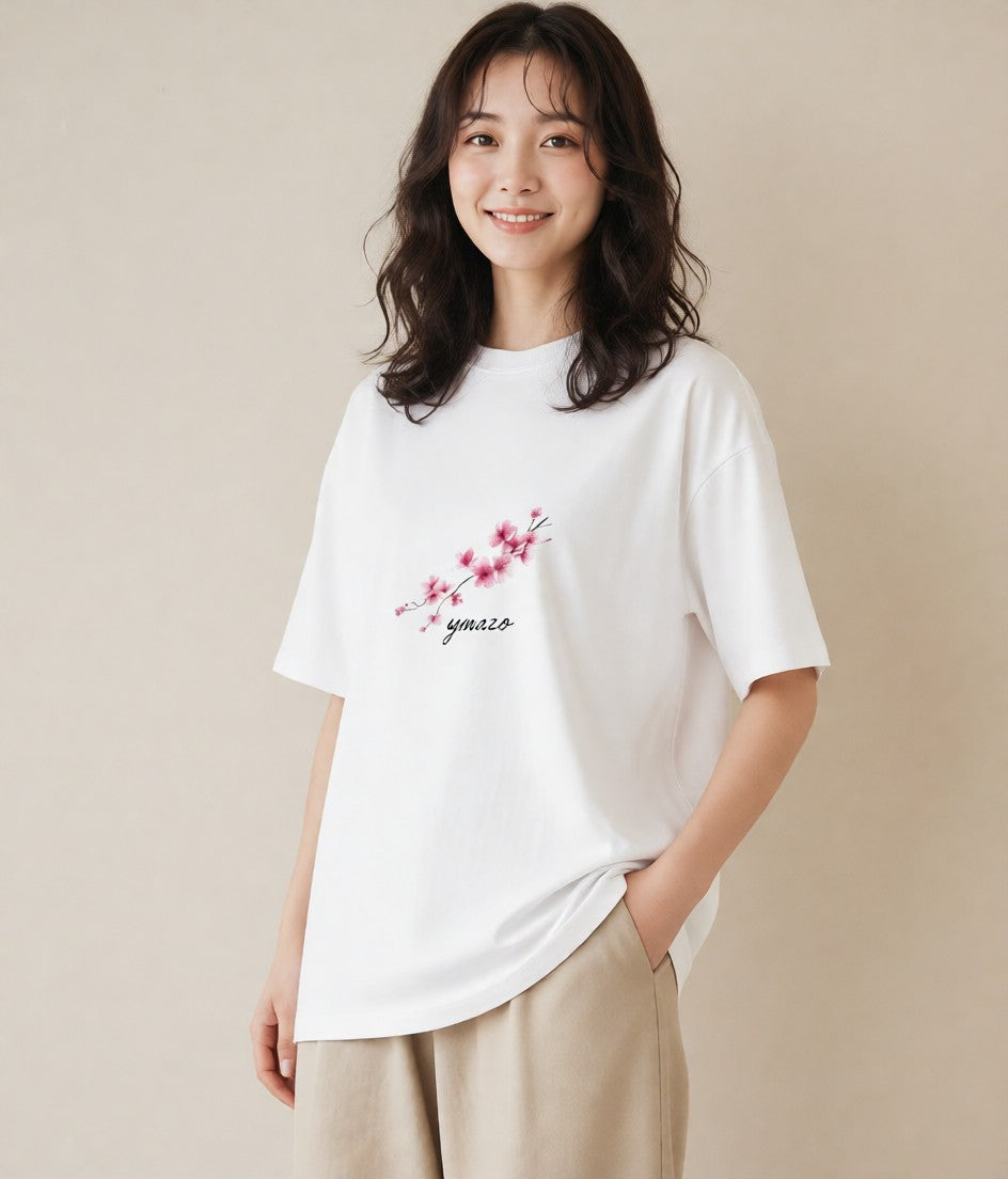 半袖Tシャツ レディース さくら 桜 サクラ 花 花柄 イラスト 可愛い 公園 ママ 白T YMAZO