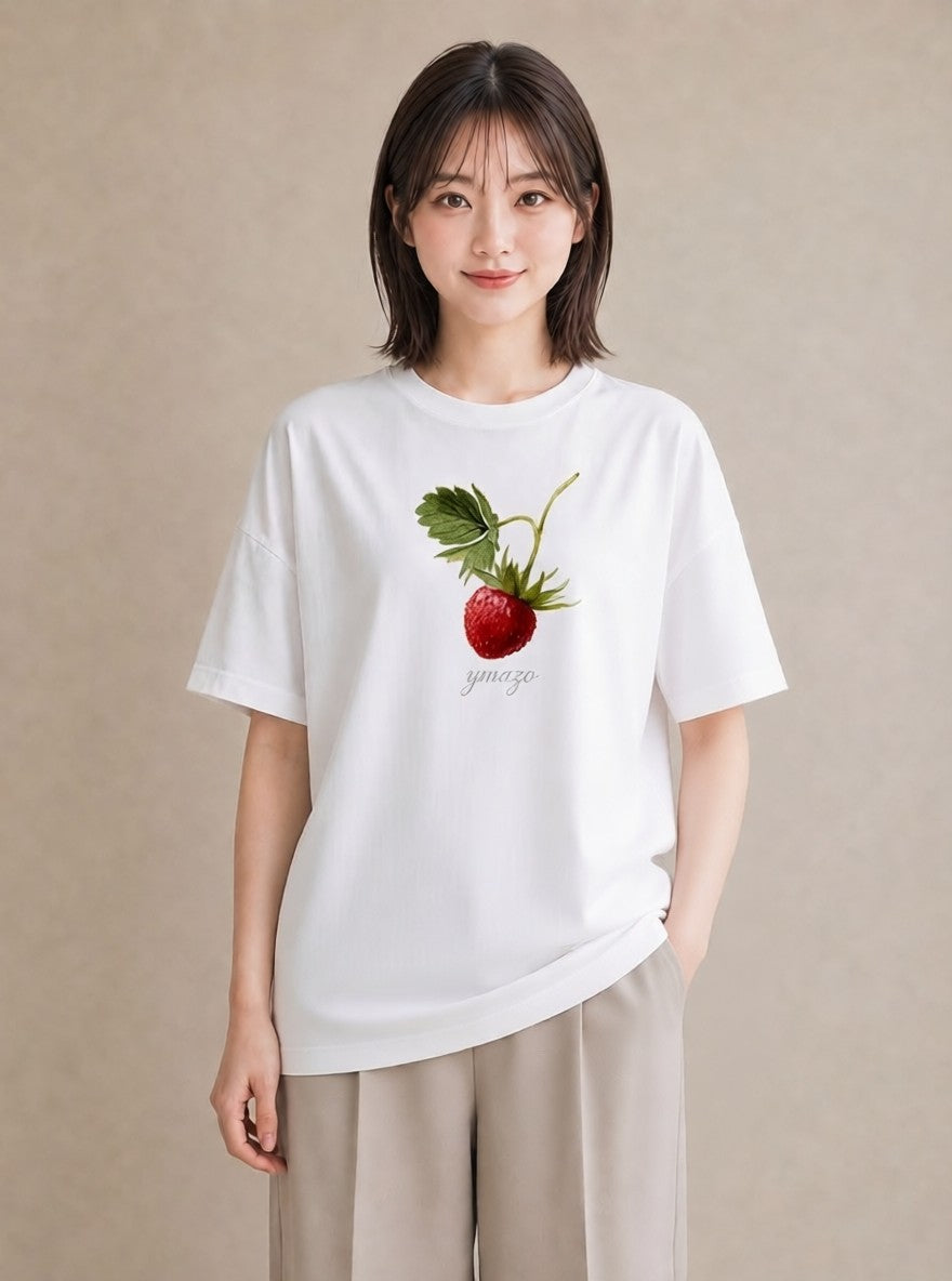 半袖Tシャツ レディース いちご 苺 ストロベリー 食べ物 フード イラスト 韓国風 春服 ミセス 白T YMAZO