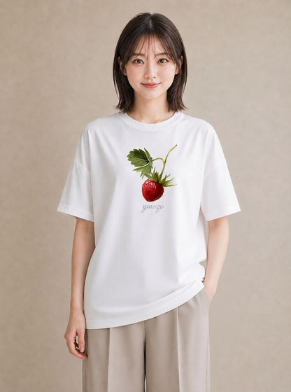 半袖Tシャツ レディース いちご 苺 ストロベリー 食べ物 フード イラスト 韓国風 春服 ミセス 白T YMAZO