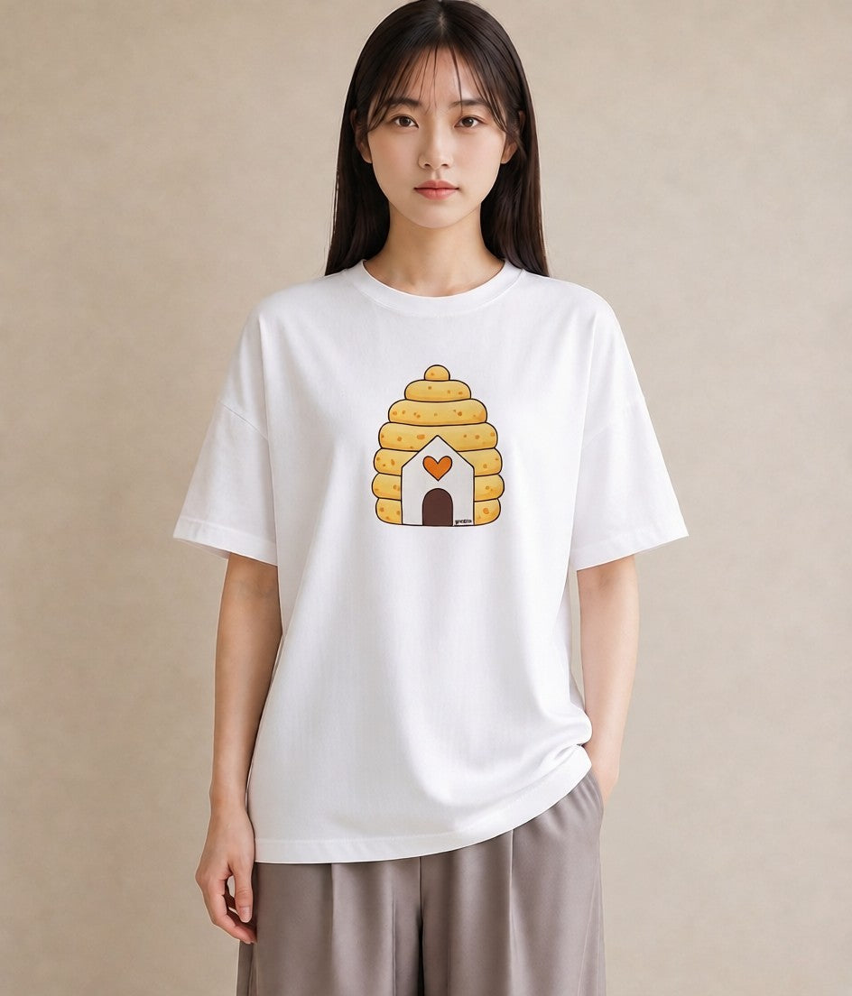 プリントTシャツ レディース ハニー 食べ物 フード イラスト 韓国風 買い物 夏コーデ 白T YMAZO