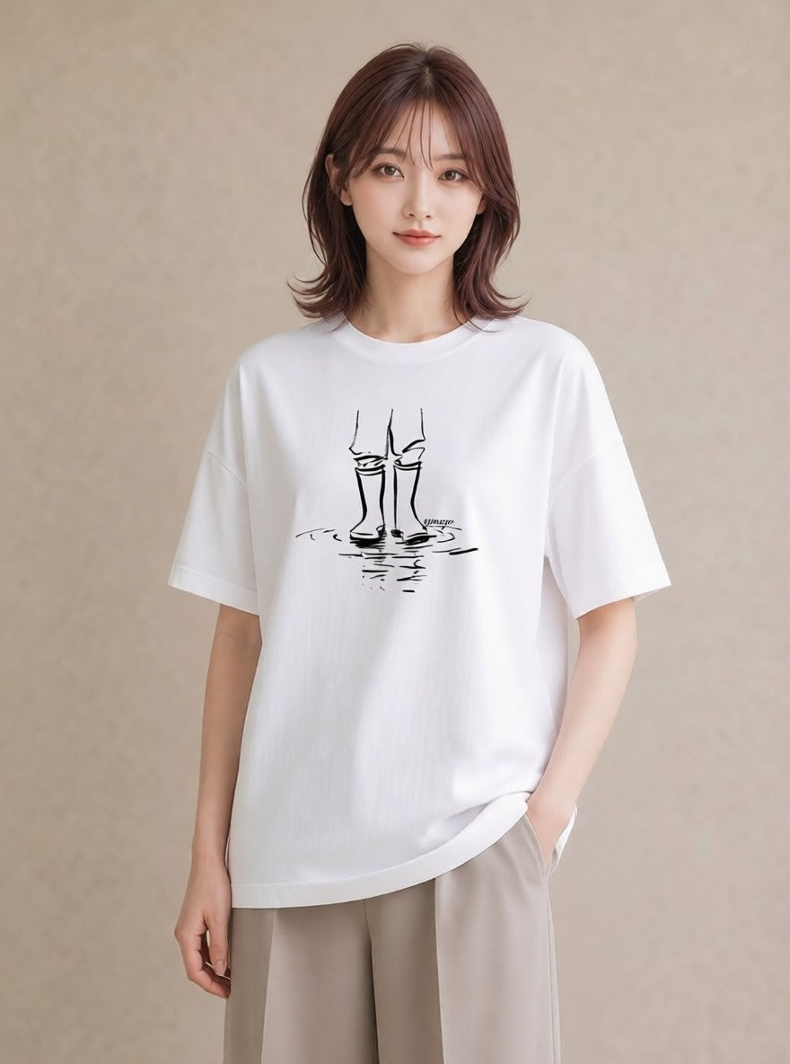 プリントTシャツ レディース 雨上がりの小道 雨上がり 小道 ナチュラル アンティーク イラスト 通学 誕生日プレゼント 白T YMAZO
