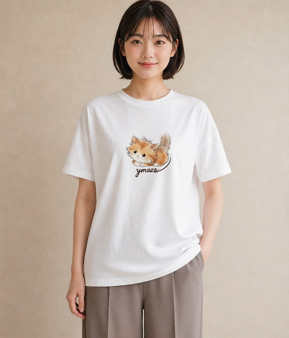 デザインTシャツ レディース マンチカン 猫 ねこ イラスト ポップ 誕生日プレゼント 綿100 白T YMAZO