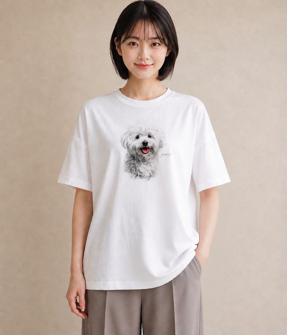 半袖Tシャツ レディース ビションフリーゼ 犬 いぬ イラスト ニュアンス 公園 ママ 白T YMAZO